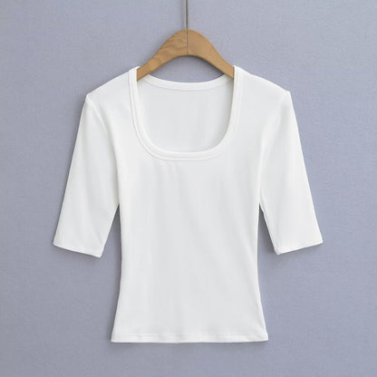 White unisex elastic fitted U-neck lockbone mid-sleeve tee styled casually, lifestyle shot | TeenStylo