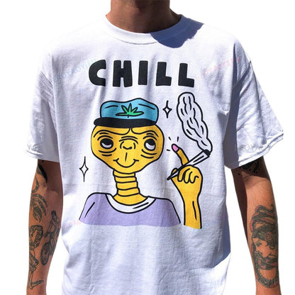 White unisex vintage cartoon Saucer Man graphic tee lifestyle shot, Y2K streetwear style at TeenStylo