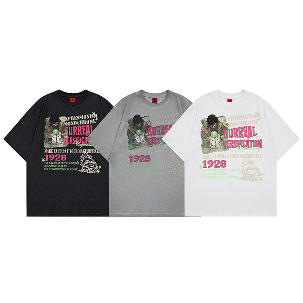Black unisex anime letter printed short sleeve shirt back view – Y2K streetwear style at TeenStylo