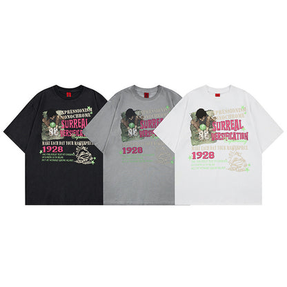 Black unisex anime letter printed short sleeve shirt back view – Y2K streetwear style at TeenStylo