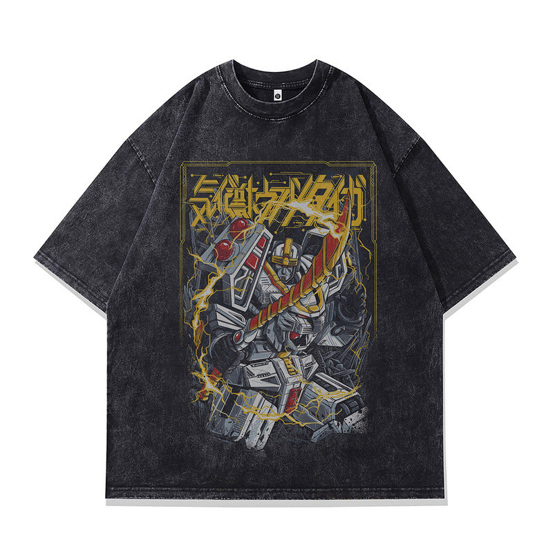 Close-up detail of X666 water-washed unisex printed short sleeve tee with vintage texture finish - TeenStylo