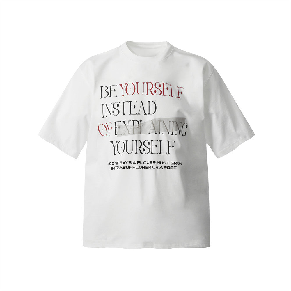 White unisex alphabet print short sleeve street style T-shirt lifestyle shot – TeenStylo