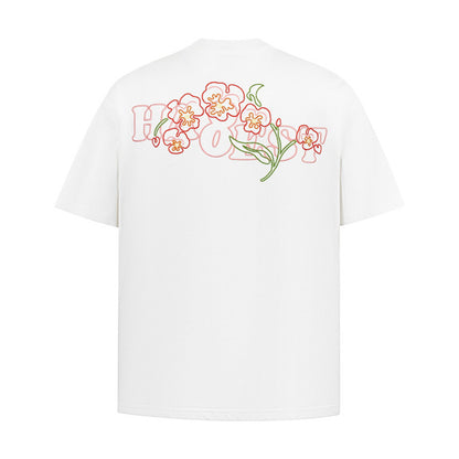 White floral letter embroidery short sleeve shirt for men - Y2K streetwear style front view | TeenStylo