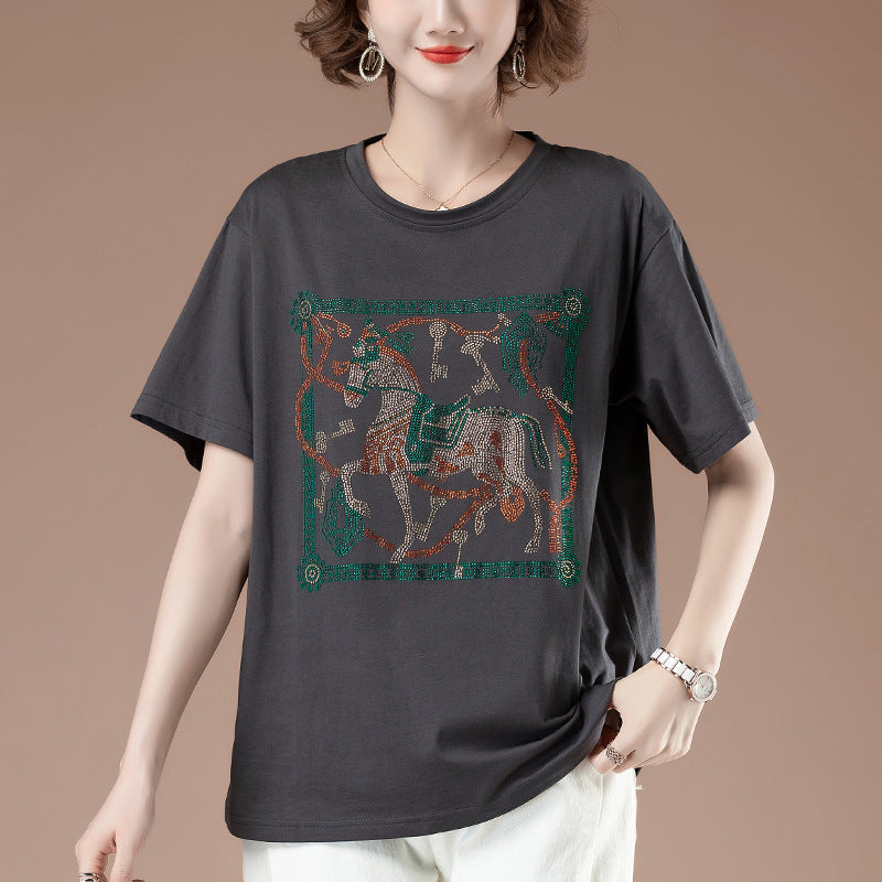 Gray women's round neck short sleeve t-shirt back view - Y2K streetwear essential | TeenStylo