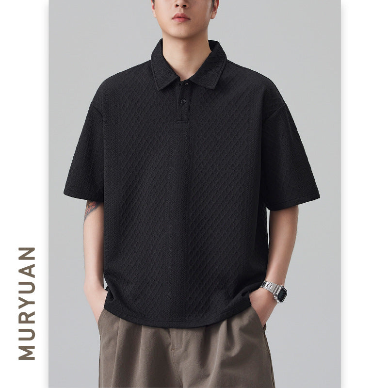 Black texture jacquard short sleeve T-shirt mens back view streetwear gothic style TeenStylo