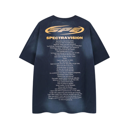 Navy blue streetwear crew neck short with unique letter print detail close-up | TeenStylo