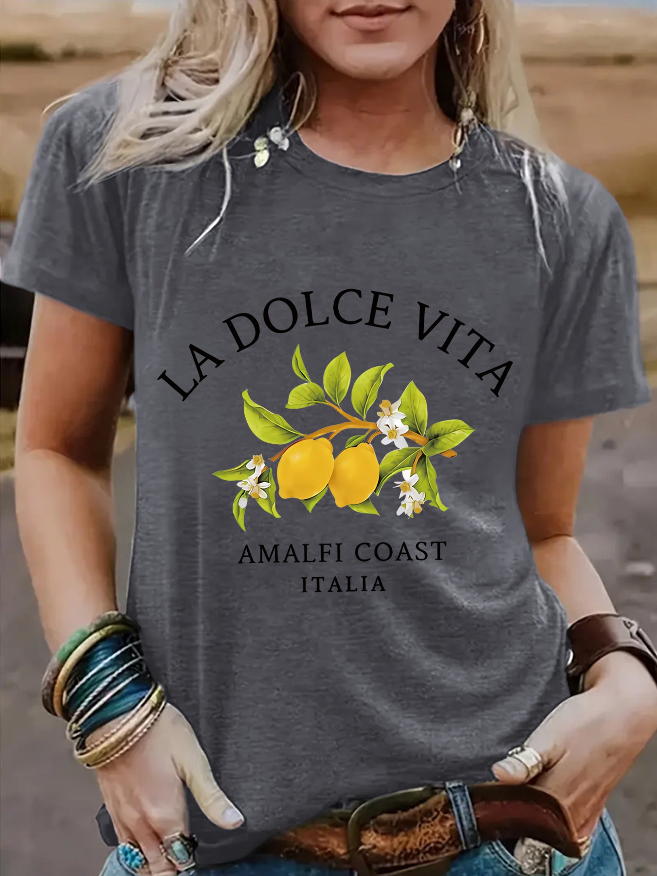 Floral Gray LA DOLCE VITA Lemon T-shirt lifestyle look unisex Y2K streetwear style TeenStylo