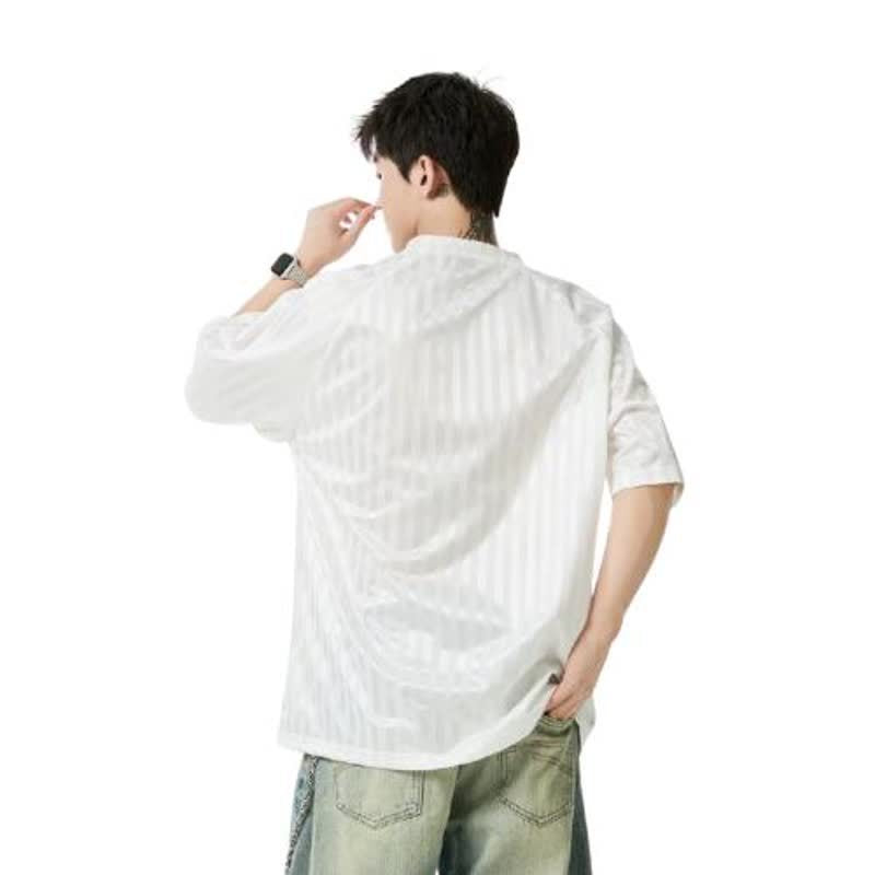 Man wearing black V-neck ice silk sports jersey tee in urban streetwear style - TeenStylo