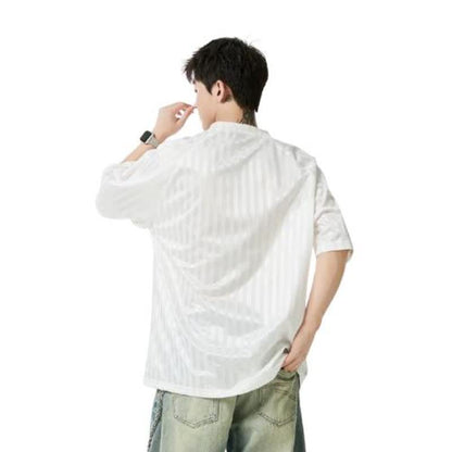 Man wearing black V-neck ice silk sports jersey tee in urban streetwear style - TeenStylo