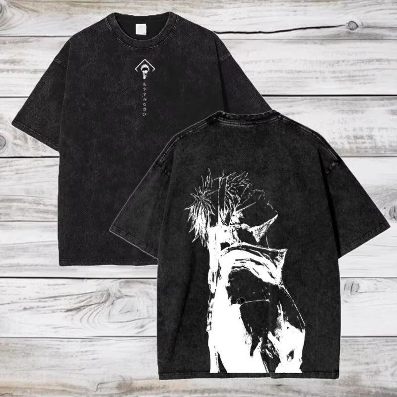 Unisex vintage washed anime print cotton tee lifestyle shot in colorway 4, Y2K streetwear style | TeenStylo