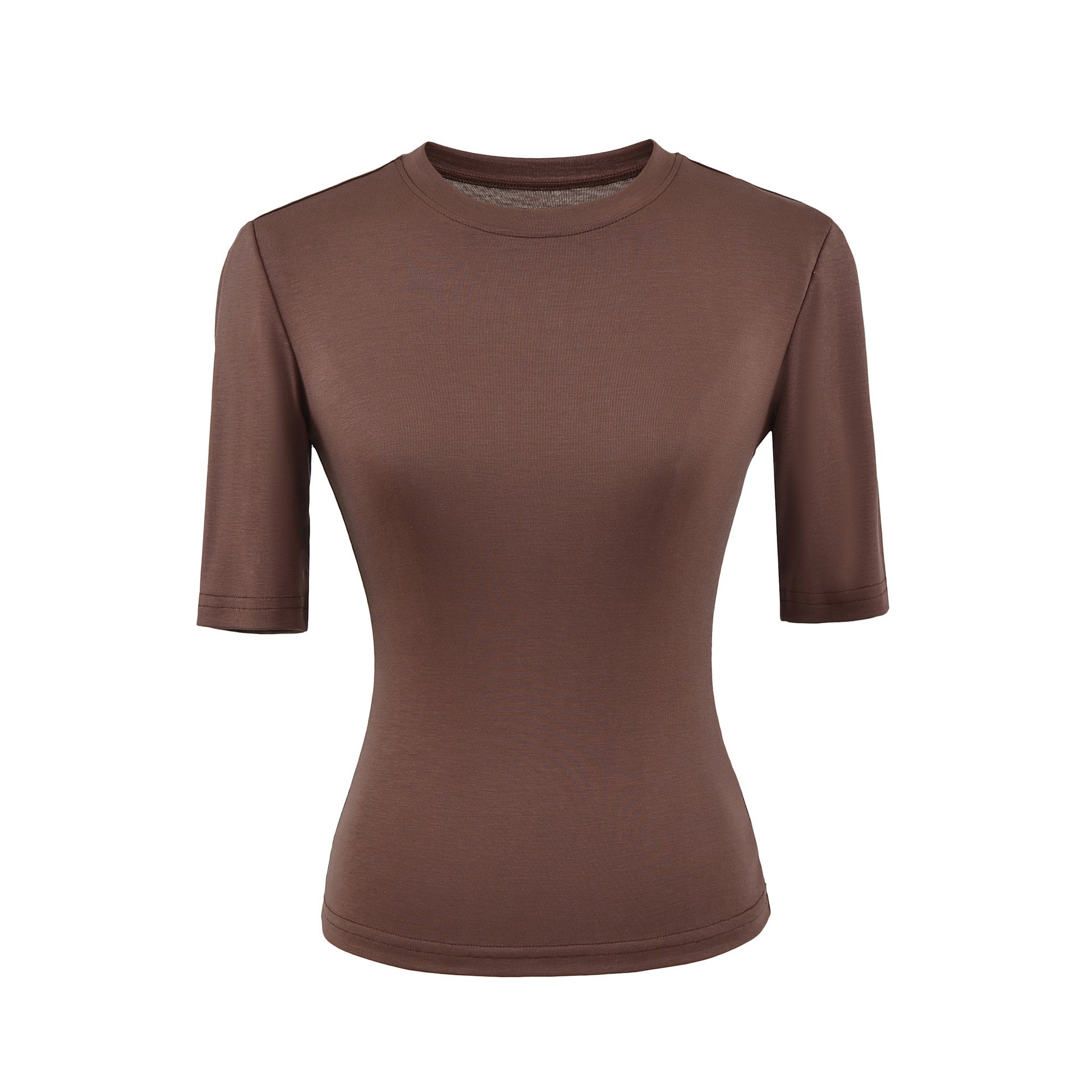 Brown women's round neck mid sleeve T-shirt lifestyle look – Y2K streetwear style | TeenStylo
