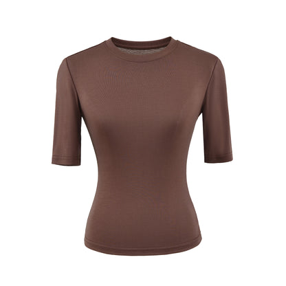Brown women's round neck mid sleeve T-shirt lifestyle look – Y2K streetwear style | TeenStylo