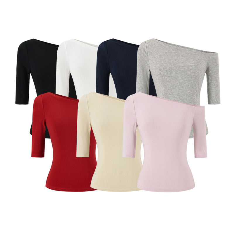 Back view of milk tea slant neck slim fit T-shirt unisex Y2K streetwear style TeenStylo