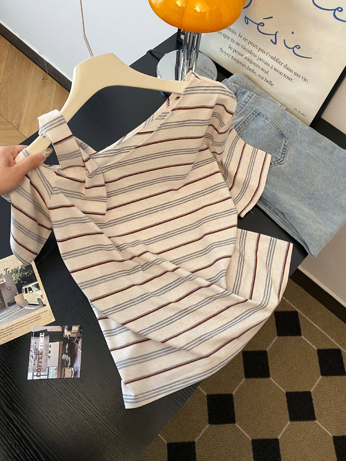 Striped off-shoulder short sleeve t-shirt women unisex Y2K streetwear style lifestyle TeenStylo