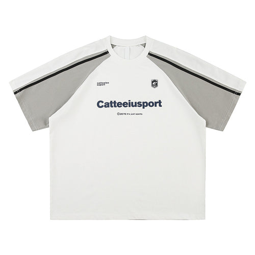 White loose fit block university street style round neck short sleeve t-shirt front view TeenStylo