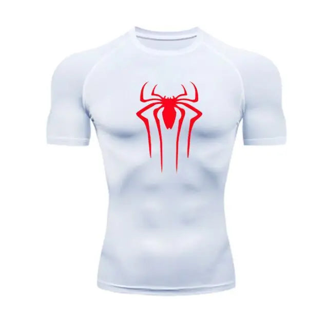 White unisex superhero compression gym shirt for men, fitness sport top, streetwear style - TeenStylo