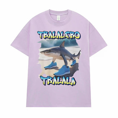 Light purple Tralalero Tralala funny running shark meme graphic tee for men lifestyle shot at TeenStylo