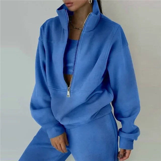 Royal blue women zipper hooded tracksuit lifestyle look 2 piece sports set streetwear style TeenStylo