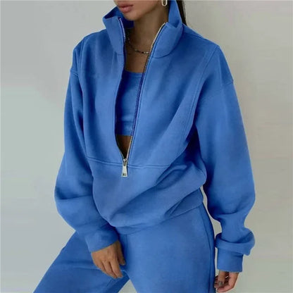 Royal blue women zipper hooded tracksuit lifestyle look 2 piece sports set streetwear style TeenStylo