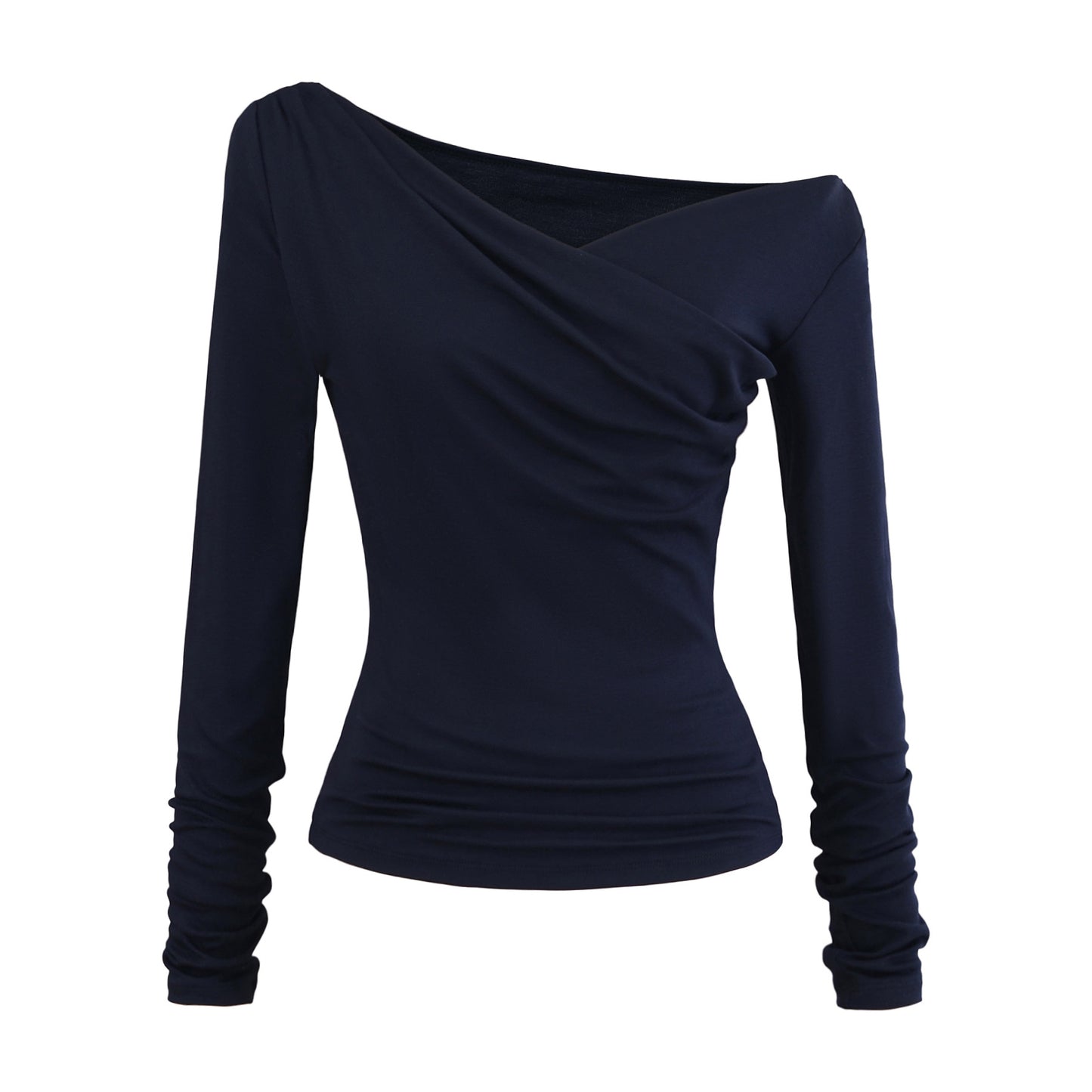 Navy blue diagonal collar long sleeve unisex T-shirt lifestyle shot – Y2K streetwear style at TeenStylo