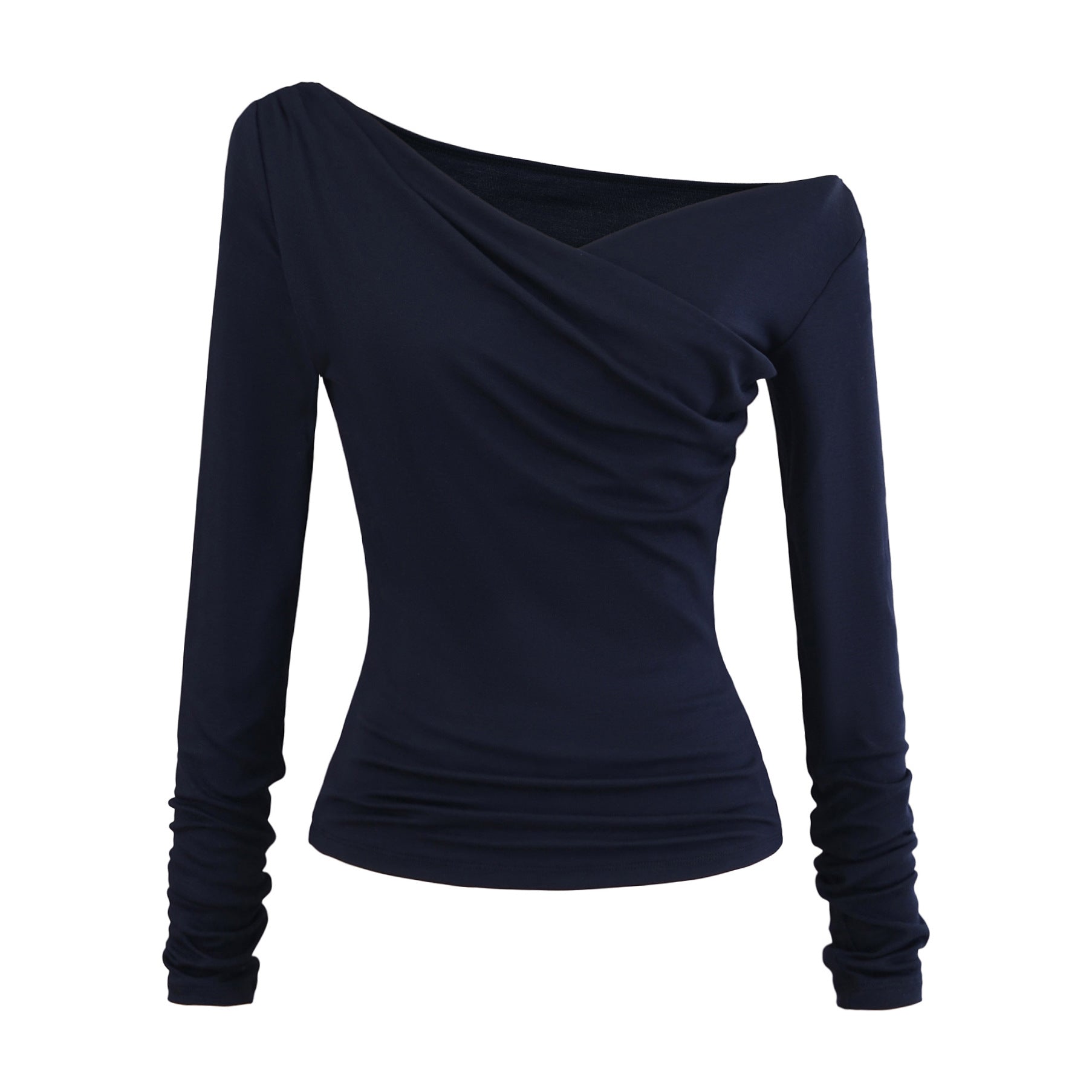 Navy blue diagonal collar long sleeve unisex T-shirt lifestyle shot – Y2K streetwear style at TeenStylo
