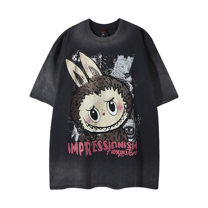 Black unisex street style cartoon print round neck shorts lifestyle shot TeenStylo