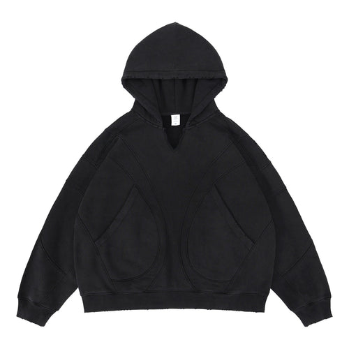Black men's deconstructed patchwork oversized hoodie front view streetwear style TeenStylo