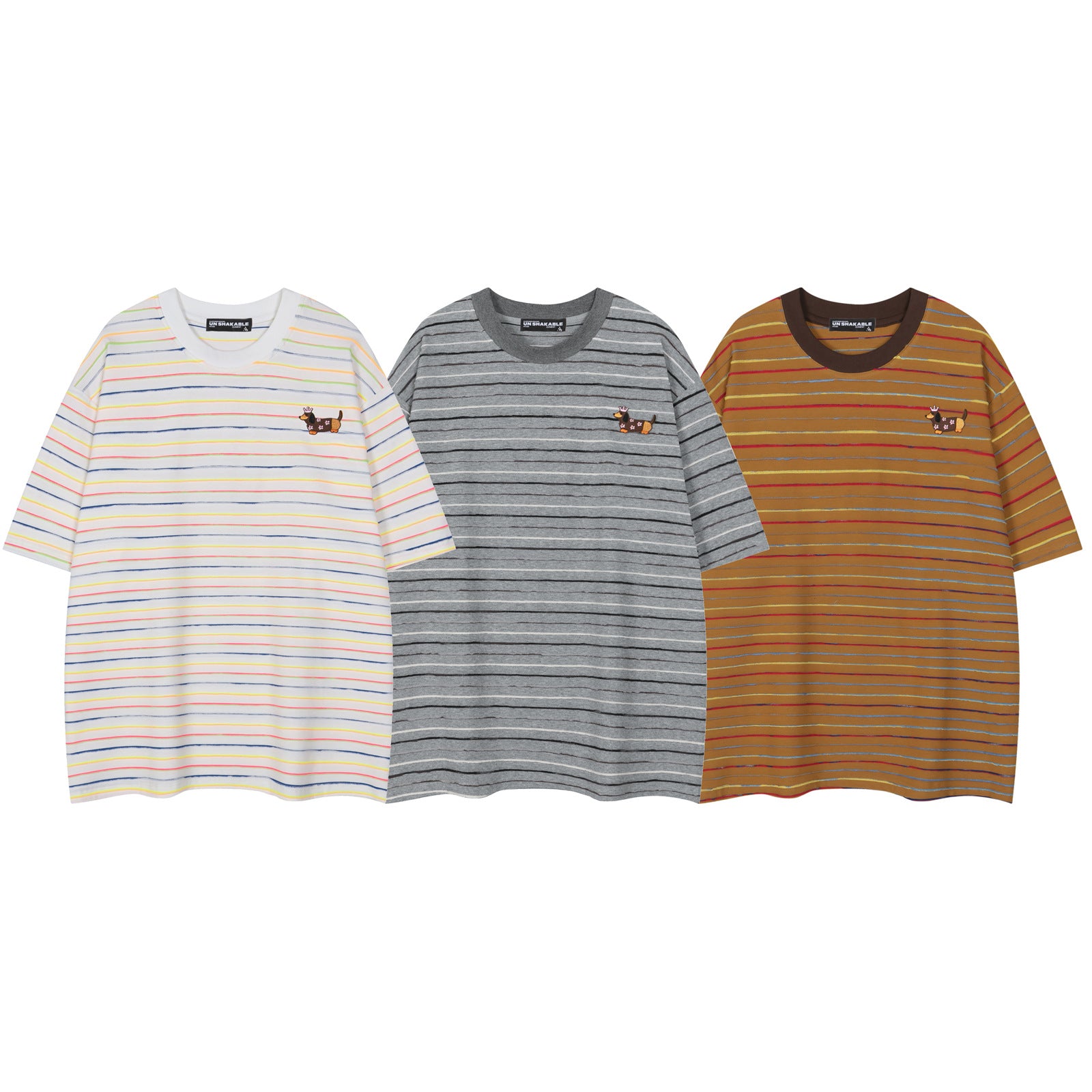 White unisex dachshund striped t-shirt styled in casual lifestyle setting, retro cute graphic tee | TeenStylo