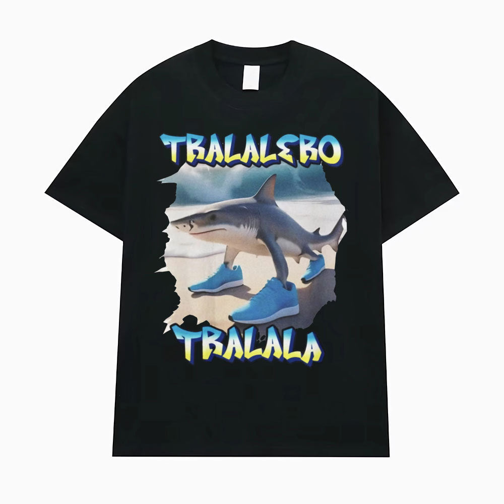 Blue Tralalero Tralala funny running shark meme tee shirt back view for men - TeenStylo