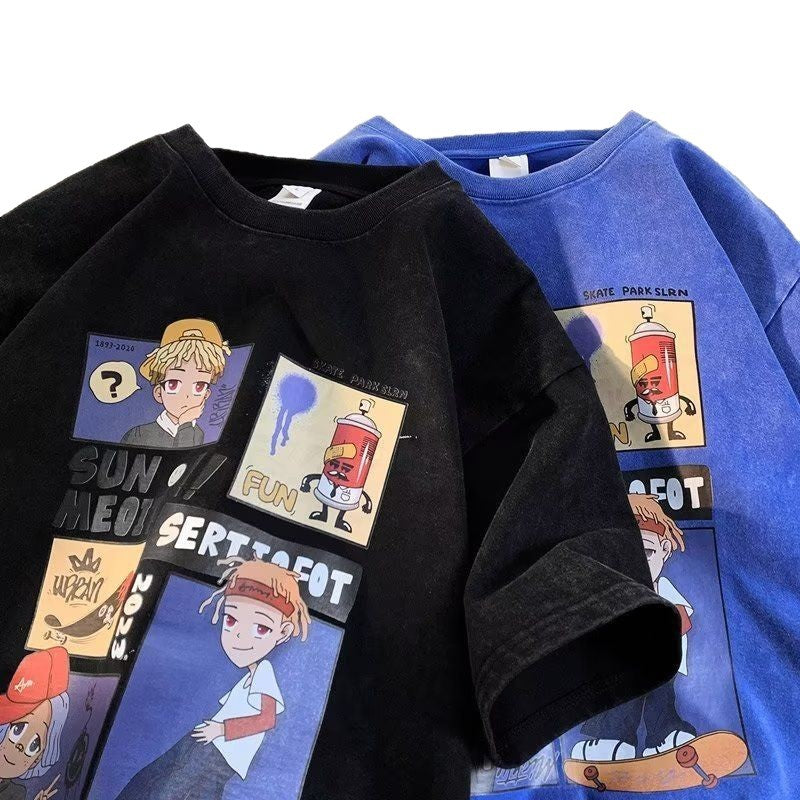 Plain black men's anime cartoon t-shirt short sleeve summer casual streetwear lifestyle look | TeenStylo