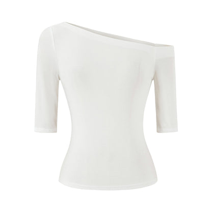 White slant neck slim fit T-shirt women unisex streetwear Y2K fashion lifestyle look TeenStylo