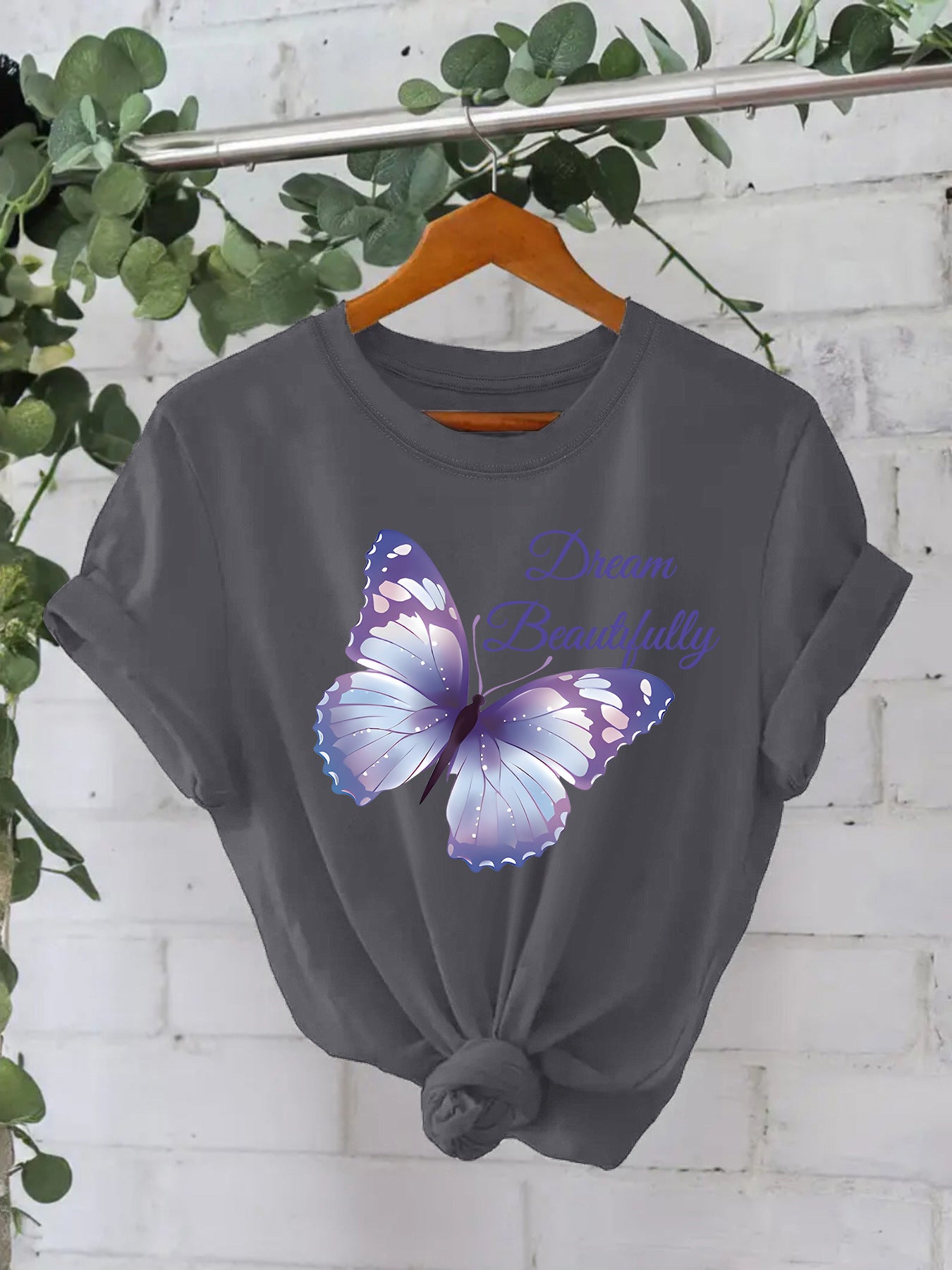 Dark gray women's butterfly short sleeve T-shirt lifestyle shot TeenStylo