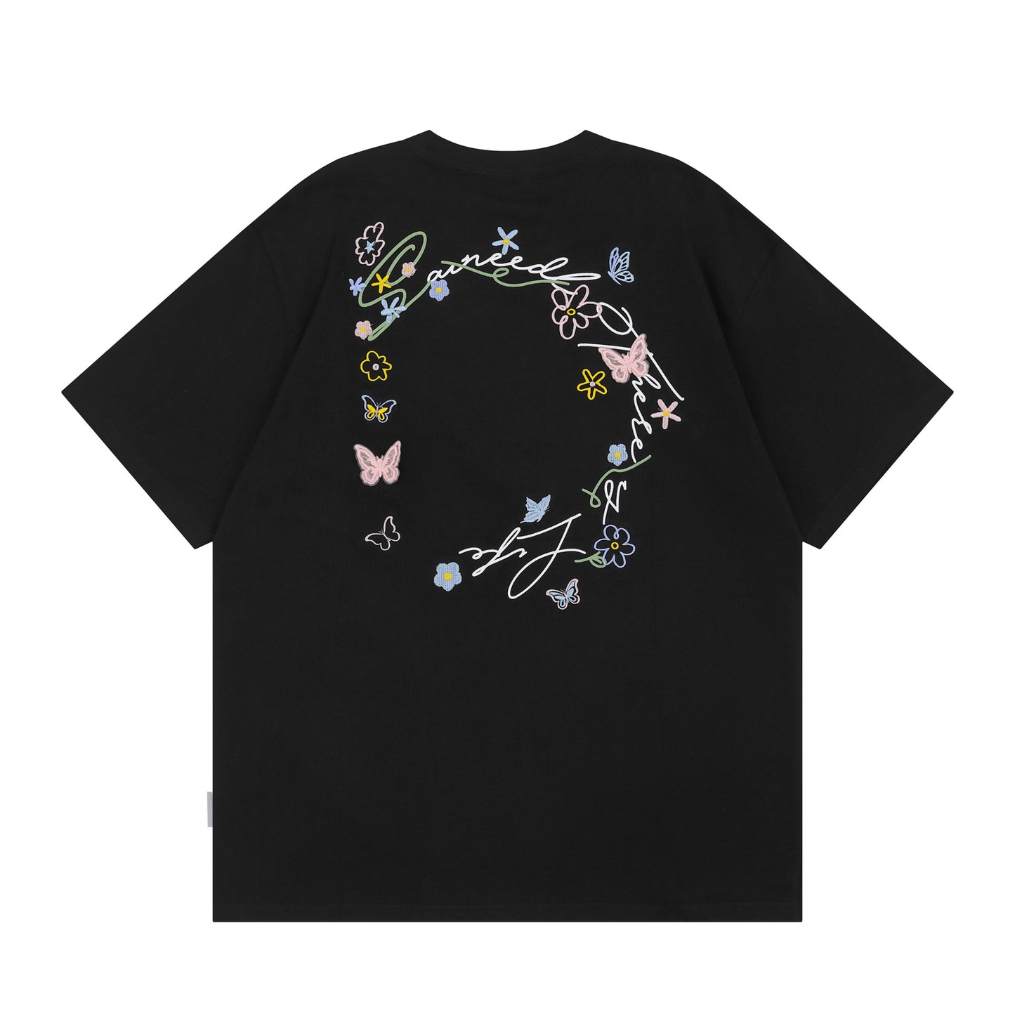 Gray butterfly floral letter embroidery short sleeve unisex T-shirt front view - TeenStylo