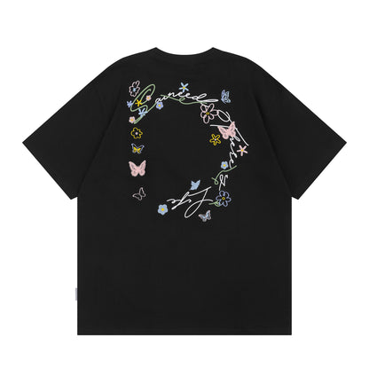 Gray butterfly floral letter embroidery short sleeve unisex T-shirt front view - TeenStylo