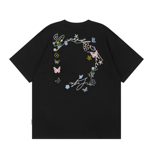 Gray butterfly floral letter embroidery short sleeve unisex T-shirt front view - TeenStylo