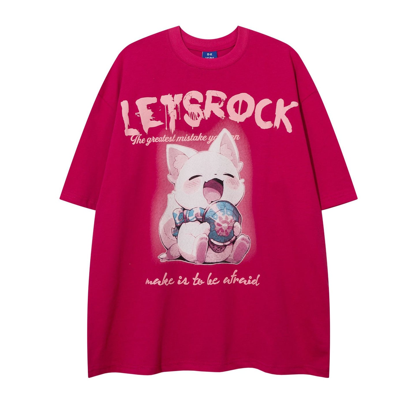 Red retro cartoon cute cat print short sleeve t-shirt back view mens streetwear TeenStylo
