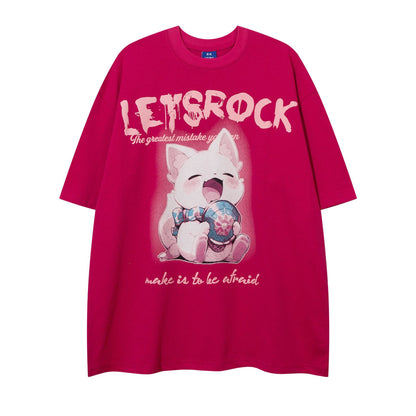 Red retro cartoon cute cat print short sleeve t-shirt back view mens streetwear TeenStylo