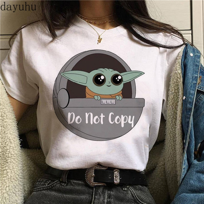 Unisex Harajuku Baby Yoda Mandalorian graphic tee in colour 3104 worn lifestyle shot streetwear style TeenStylo