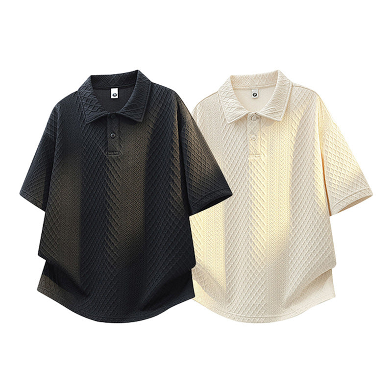 Man wearing black texture jacquard short sleeve T-shirt in urban streetwear style | TeenStylo