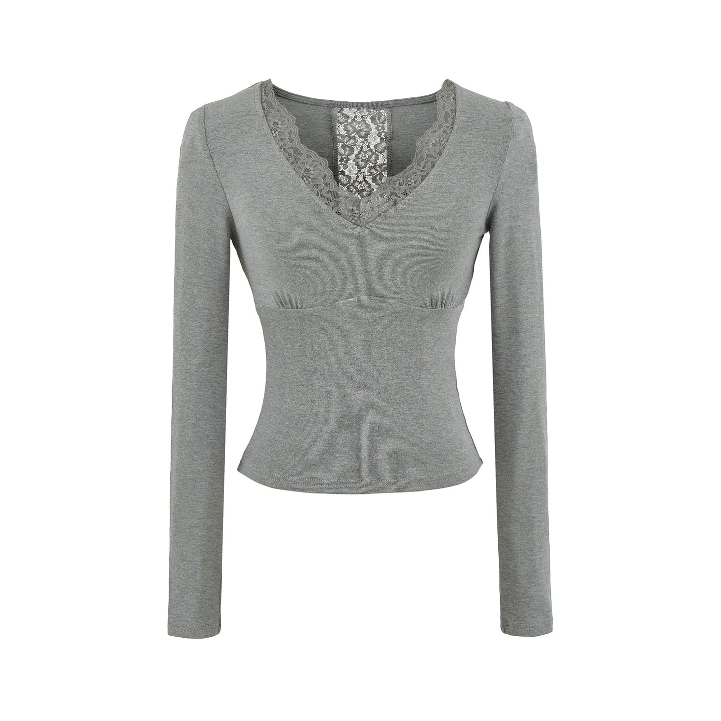 Gray women's V-neck long sleeve T-shirt casual streetwear style front view | TeenStylo