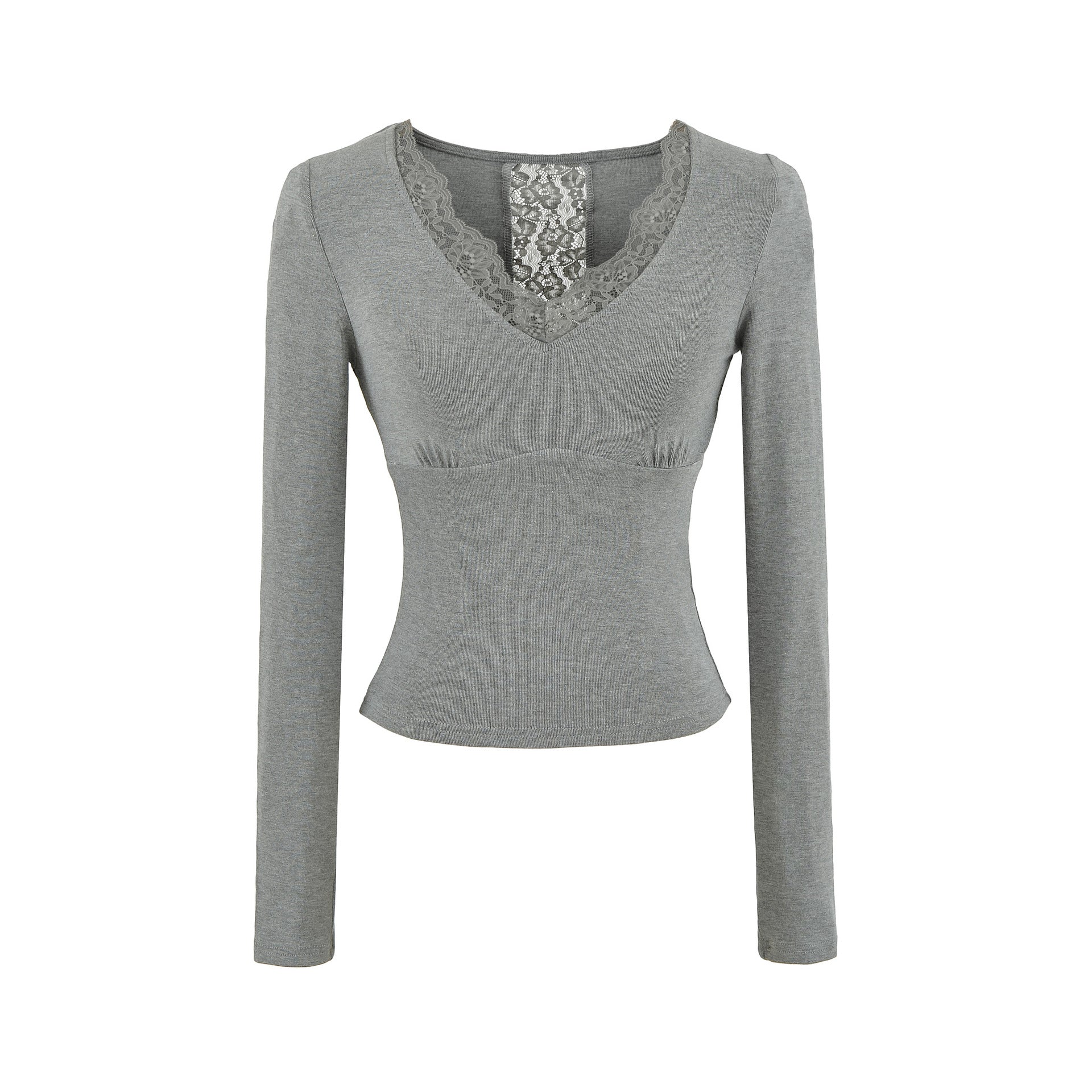 Gray women's V-neck long sleeve T-shirt casual streetwear style front view | TeenStylo