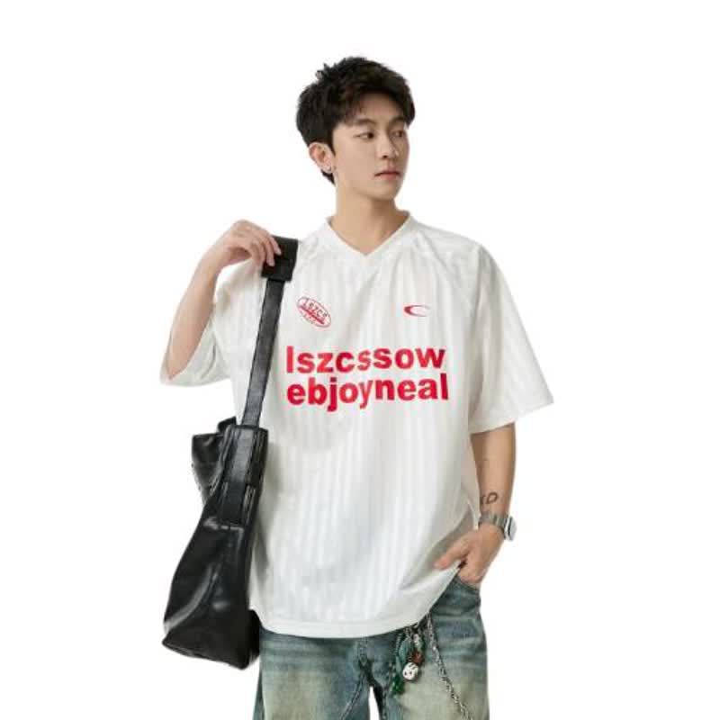 Men's white V-neck sports jersey tee in cool touch ice silk fabric, front view – TeenStylo