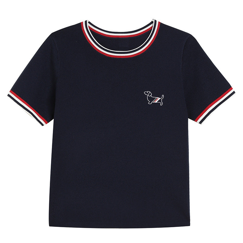 Dark blue loose embroidered short sleeve shirt for women lifestyle style at TeenStylo