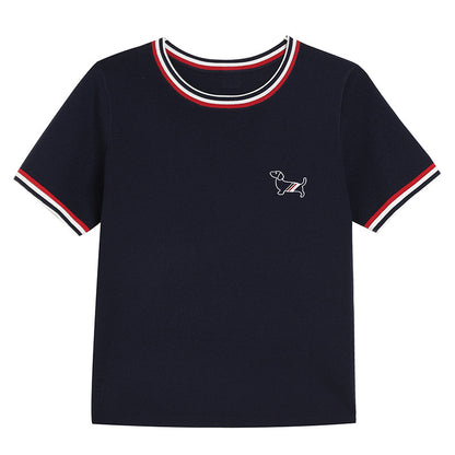 Dark blue loose embroidered short sleeve shirt for women lifestyle style at TeenStylo