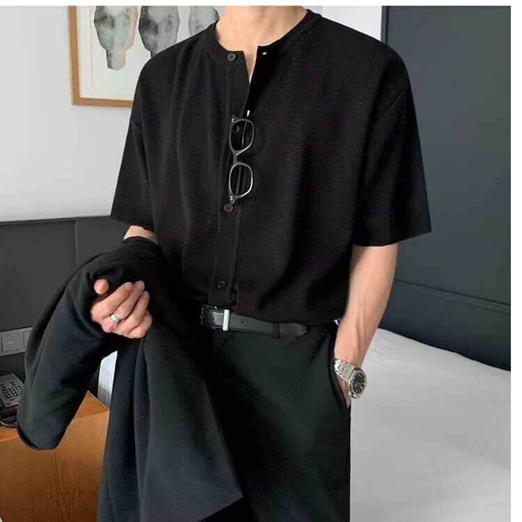Black ice silk knitted short sleeve shirt lifestyle shot for teen streetwear fashion at TeenStylo