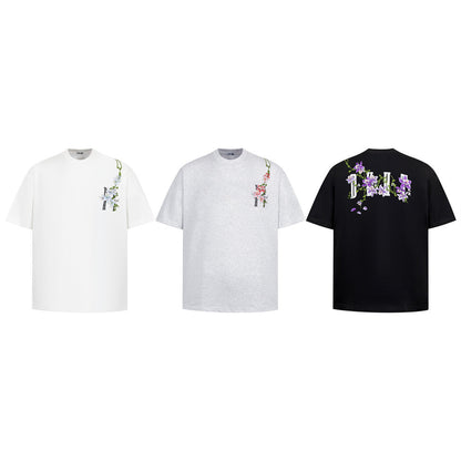 White vine flower embroidery letter back view short sleeve t-shirt men streetwear TeenStylo