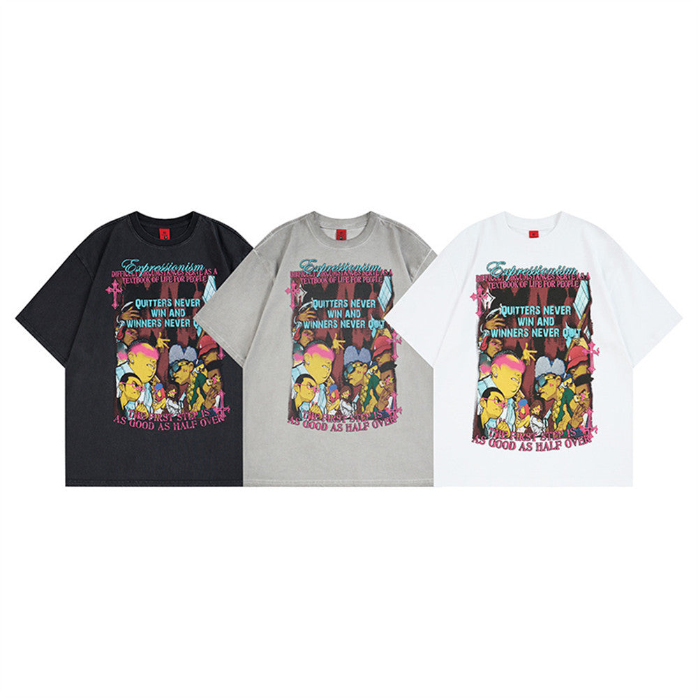 Black unisex anime cartoon printed distressed cotton t-shirt back view - TeenStylo