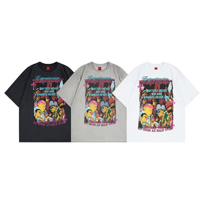 Black unisex anime cartoon printed distressed cotton t-shirt back view - TeenStylo