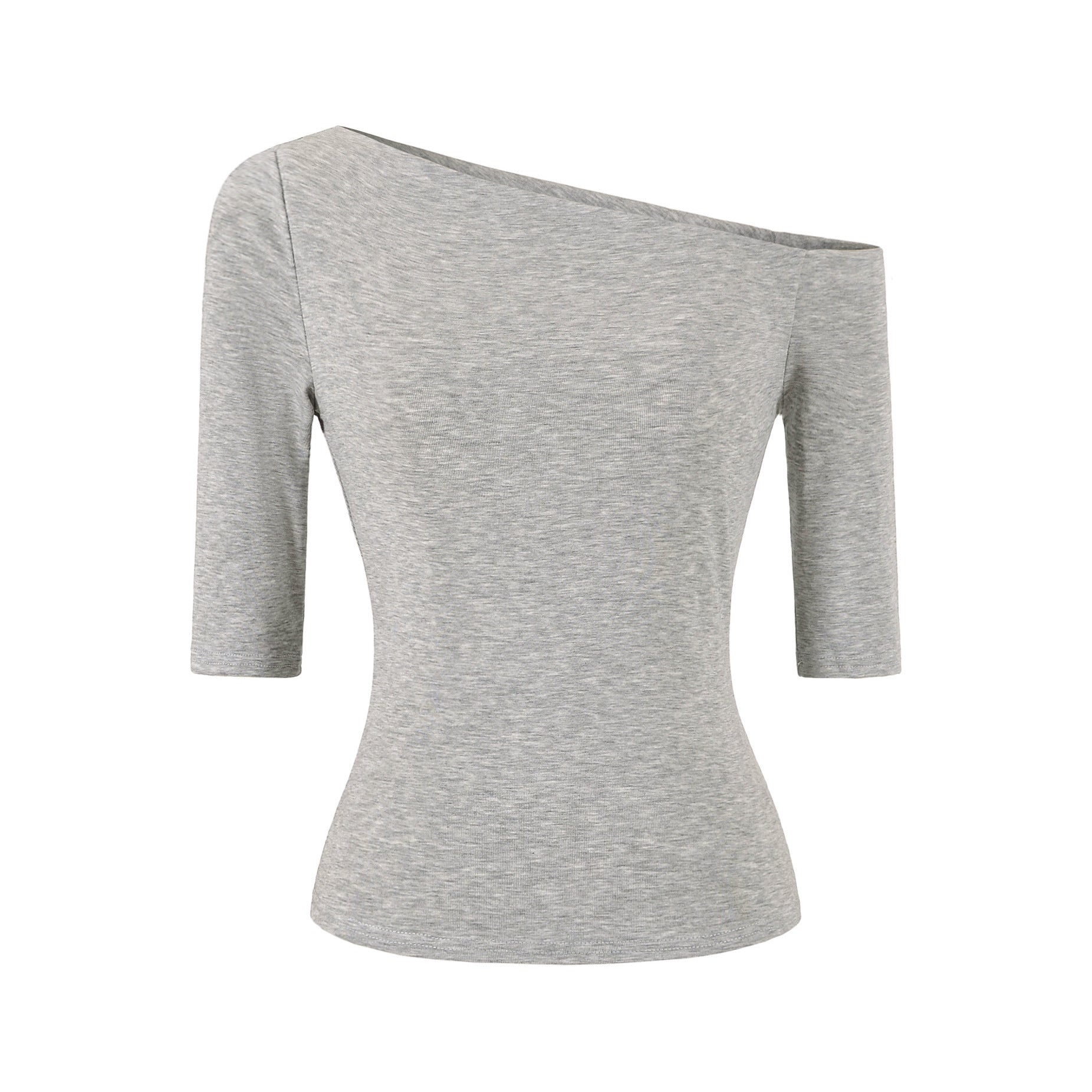 Light gray slant neck slim fit T-shirt styled in casual streetwear look, unisex fashion lifestyle shot – TeenStylo