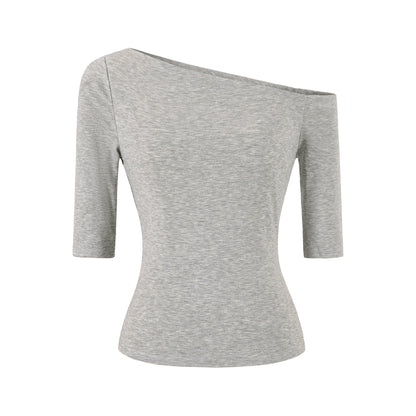 Light gray slant neck slim fit T-shirt styled in casual streetwear look, unisex fashion lifestyle shot – TeenStylo